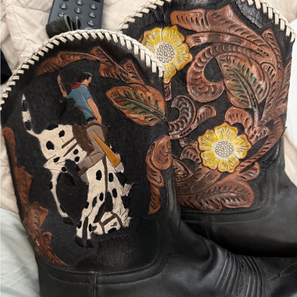 Rare Larry Mahone Black Leather Cowboy Boots with Floral and Rodeo tool Appliqué
